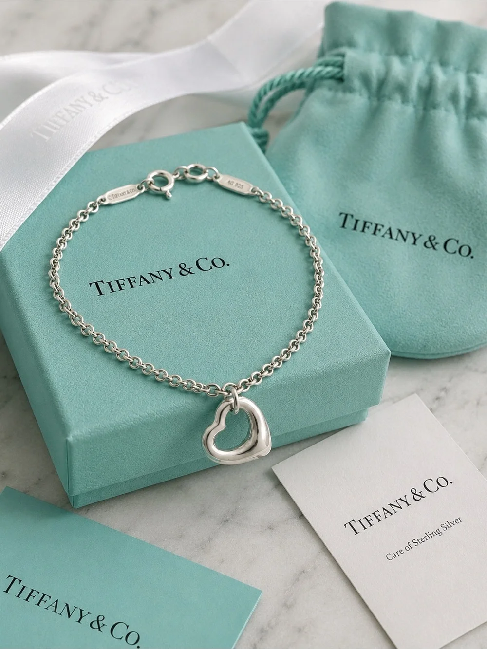 Tiffany & Co. Elsa Peretti Open Heart Bracelet Sterling Silver Large 7.5” Spain